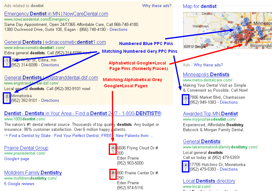 AdWords location-extension pins on a 2012 search results map